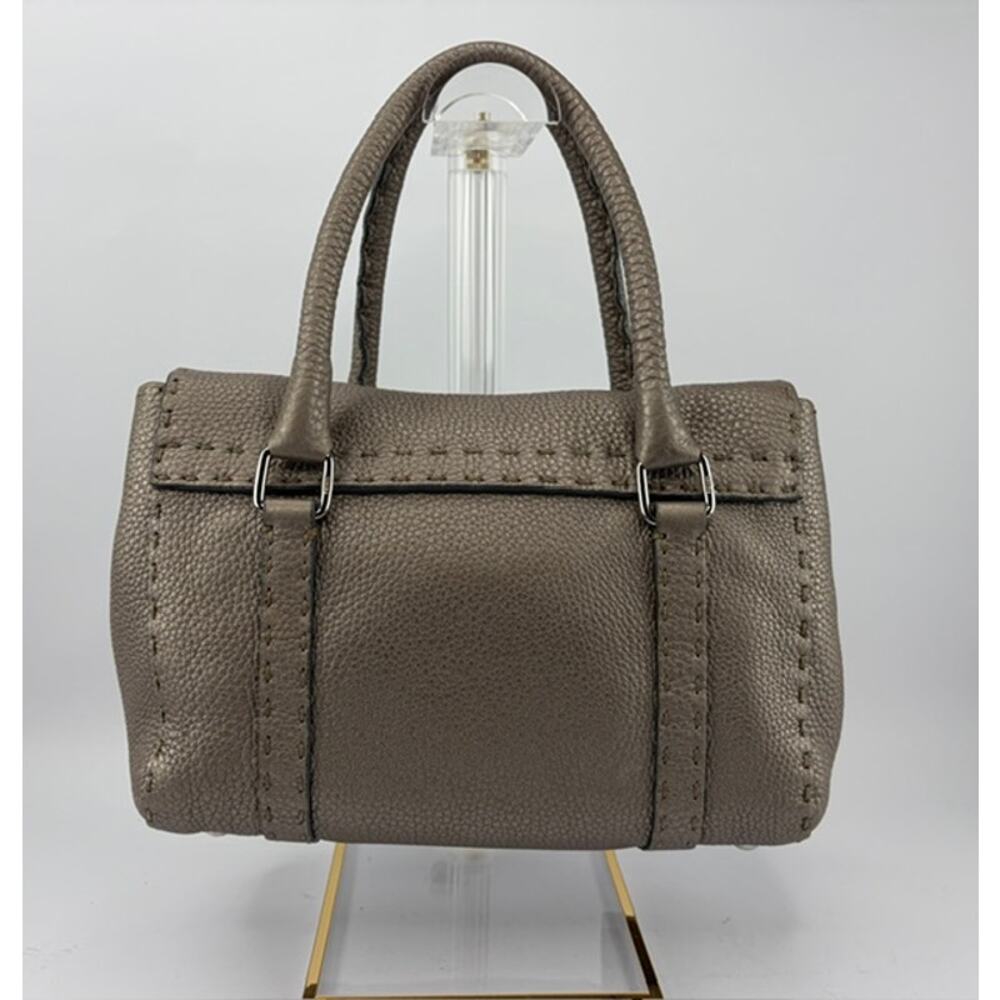 Fendi Selleria Mini Linda Metallic Pewter Pebbled Leather Satchel Sterling Tag - Picture 3 of 14